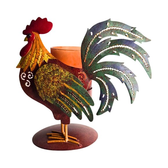 Rustic Metal Rooster Tea Light Farmhouse Candle Holder 6” Tall - Picture 5 of 5